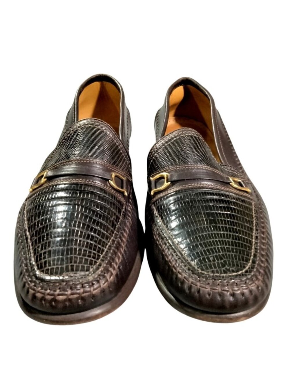 David Eden Men's 8.5 Rich Brown Teja Lizard Leather Loafers Hand Made In Italy - Picture 2 of 12